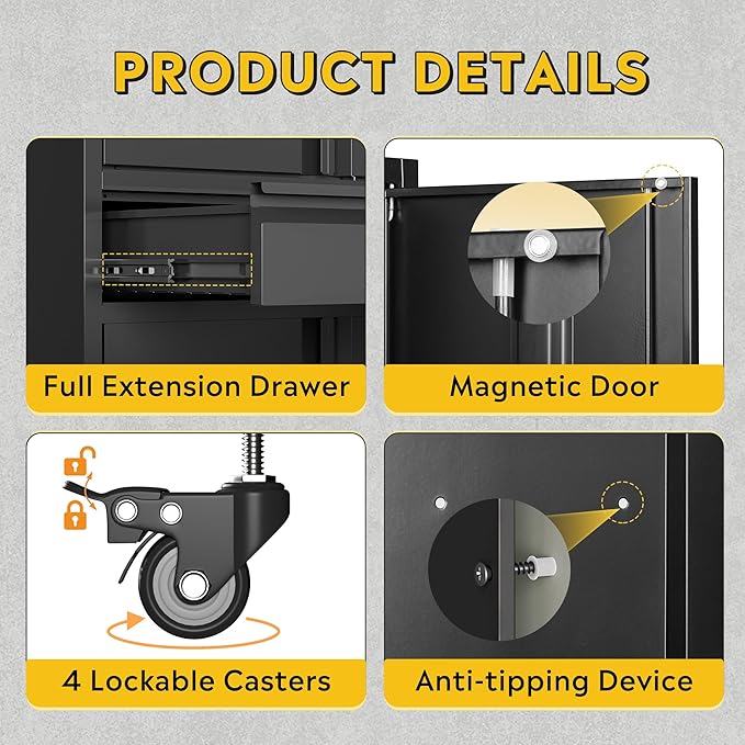 DEVAISE Metal Garage Storage Cabinet with Locking Doors and Drawer,71" Tool Cabinet with Adjustable Shelves & Wheels, 71" Steel Cabinet for Garage, Warehouse (Black)