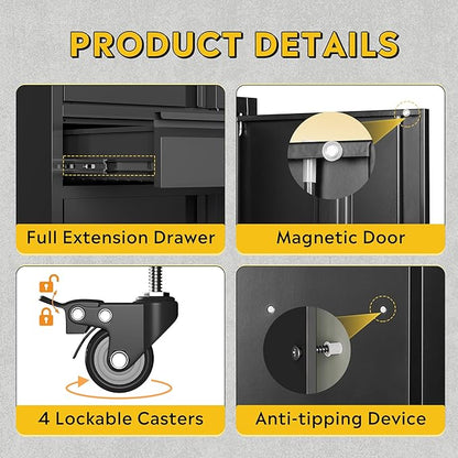 DEVAISE Metal Garage Storage Cabinet with Locking Doors and Drawer,71" Tool Cabinet with Adjustable Shelves & Wheels, 71" Steel Cabinet for Garage, Warehouse (Black)