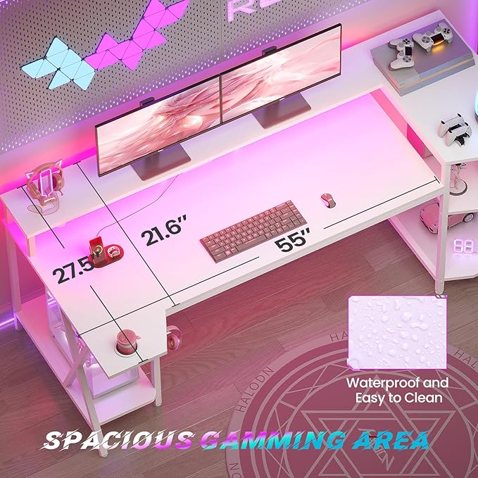 SEDETA White Gaming Desk 70.8'' with LED Lights and Storage Shelves, Computer Desk with Monitor Stand, Power Outlets and Cup Holder, Large PC Gamer Desk, Gaming Table for Bedroom, Living Room