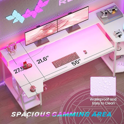 SEDETA White Gaming Desk 70.8'' with LED Lights and Storage Shelves, Computer Desk with Monitor Stand, Power Outlets and Cup Holder, Large PC Gamer Desk, Gaming Table for Bedroom, Living Room