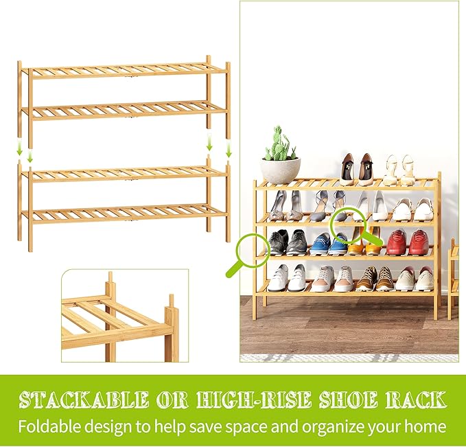BMOSU 2-Tier Bamboo Extended Shoe Rack Premium Stackable Shoe Shelf Storage Organizer for Hallway Closet Living Room Entryway Organizer (Natural Bamboo)