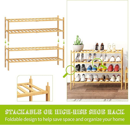 BMOSU 2-Tier Bamboo Extended Shoe Rack Premium Stackable Shoe Shelf Storage Organizer for Hallway Closet Living Room Entryway Organizer (Natural Bamboo)
