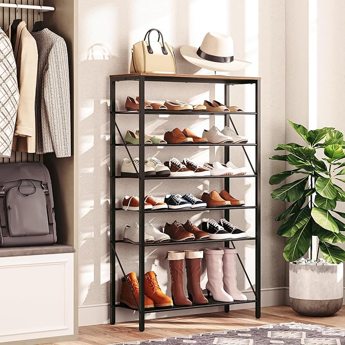 8-Tier Shoe Rack, Large Capacity Shoe Shelf, Shoe Organizer for Entryway, 28-32 Pairs of Shoes, Stable Sturdy, Tall Shoe Rack with Adjustable Metal Mesh Shelves, Rustic Brown SRHR1801Z