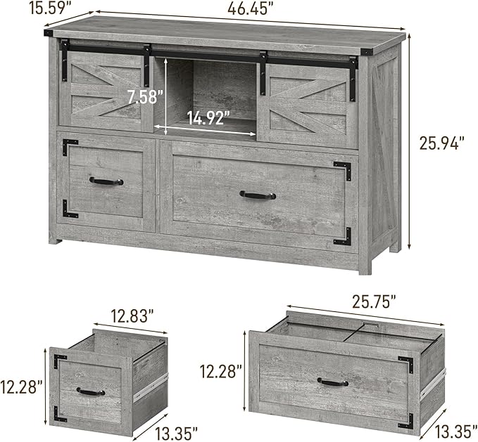 Vabches Lateral File Cabinets 2 Drawer with Sliding Barn Doors, Farmhouse Filing Cabinet with 2 Drawer for Home Office，Filing Organization Storage Cabinets for Hanging Files Letter/Legal/F4/A4