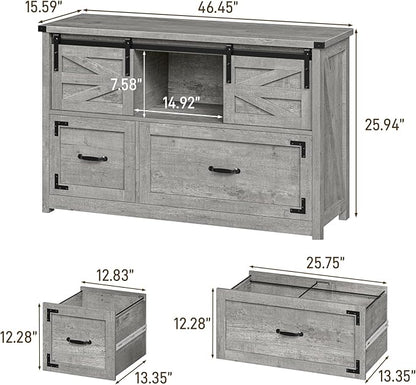 Vabches Lateral File Cabinets 2 Drawer with Sliding Barn Doors, Farmhouse Filing Cabinet with 2 Drawer for Home Office，Filing Organization Storage Cabinets for Hanging Files Letter/Legal/F4/A4