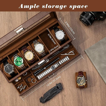 ProCase Watch Box, 6 Slot Watches Display Case with Drawer, Mens Watch Case with Glass Lid, 2-Layer Mens Jewelry Organizer Storage Holder, Birthday Valentine Gifts for Men -6 Slot, Espresso