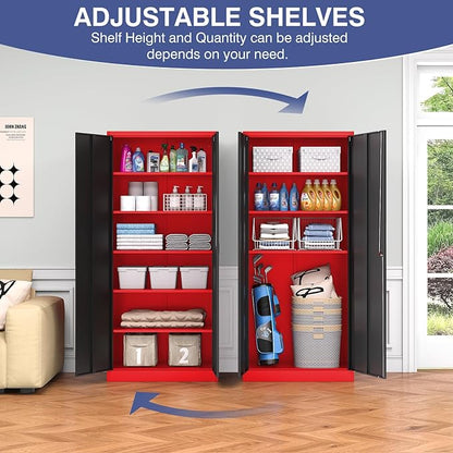 Metal Storage Cabinet with Lock,71 Inch Garage Cabinet with 2 Doors and 5 Adjustable Shelves,Steel Storage Cabinets for Garage,Home Office,Pantry,School(Red & Black)