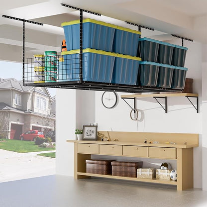 Garage Ceiling Storage Racks with Side Panels, Overhead Garage Storage Rack, Adjustable Height 22-42 Inches, Sturdy Carbon-Steel, 600lbs Weight Rating, Black