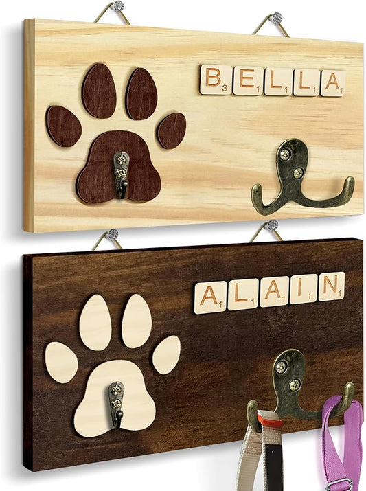 Personalized Dog Leash Holder Wall Mount, Pet Harness Hanger with Scrabble Letters, Dog Collar Organizer for Entryway, Memorial Paw Leash Holder for Wall, Pet Loss Gifts, Keepsake, Home Decor