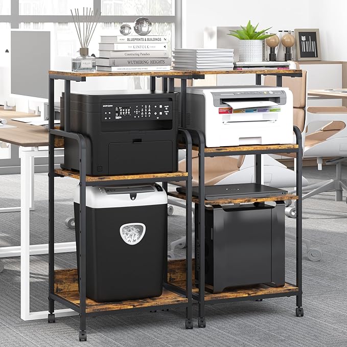 4 Tier Printer Stand with Storage Shelf, Large Tall Printer Cart with Wheels, Mobile Printer Table for Home Office, Adjustable Stands for Heat Press Scanner Fax (Brown)