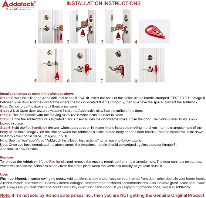 Addalock The Original Portable Door Lock for Travel & Home Security, Durable 1-Piece Door Latch Lock for Houses, Apartments, Hotels, Motels, Dorms & AirBnBs - Lock the Door & Stay at Home or Away