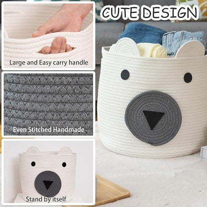 VK VK·LIVING Cotton Rope Bear Animal Basket Foldable Large Woven Storage Basket Baby Nursery Cute Laundry Hamper for Toys, Blanket, Clothes in Bedroom Living Room Toy Box for Baby 14x14 Grey