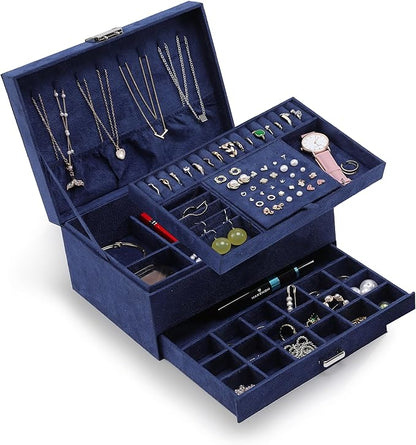 Jewelry Organizer Box for Women Girls, VintageJewelry Box 3-Tier Jewelry Display Case and Organizer,Lockable Jewelry Display Case Anti Tarnish,Varying Compartments for Bracelets, Rings (Blue)