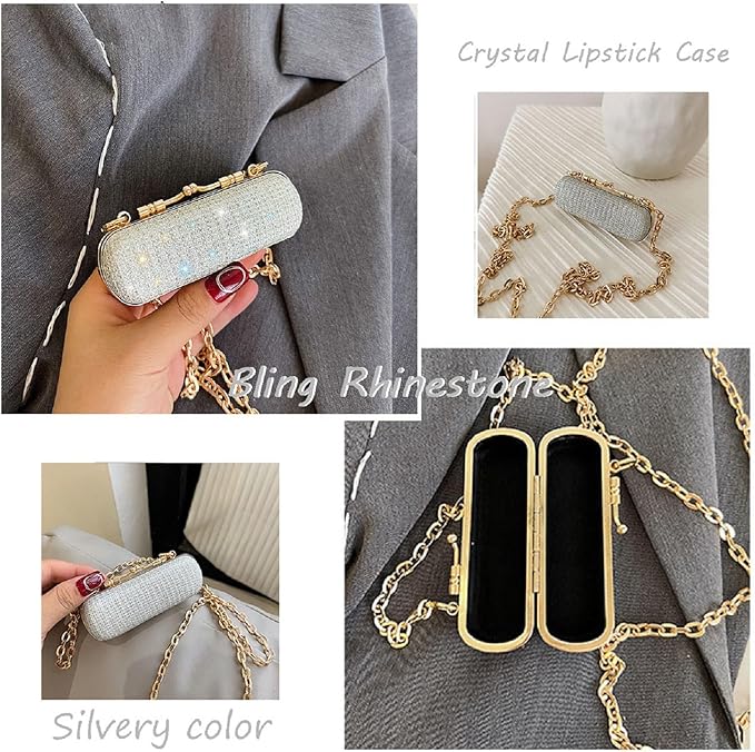 MIAO JIN Mini Crystal Lipstick Case Bling Rhinestone Cosmetic Storage bag with Metal chain Lipstick Storage Holder Makeup jewelry case（Silver）