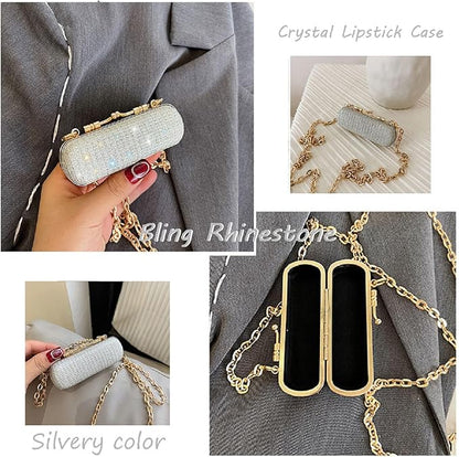 MIAO JIN Mini Crystal Lipstick Case Bling Rhinestone Cosmetic Storage bag with Metal chain Lipstick Storage Holder Makeup jewelry case（Silver）