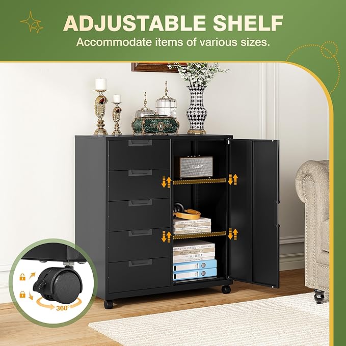5 Drawer Metal Cabinet, Office Storage Cabinet w/Universal Wheels, Printer Stand with Storage Shelves, Rolling File Cabinets for Home Office(Black)