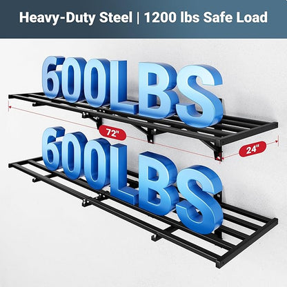 FLEXIMOUNTS 4-Pack 2x6ft Heavy Duty Garage Wall Shelving, 1200lbs Capacity, Garage Shelving Wall Mounted with 8 Hooks, Storage for Power Tools, Garden Supplies, Storage Bins, Lite Series