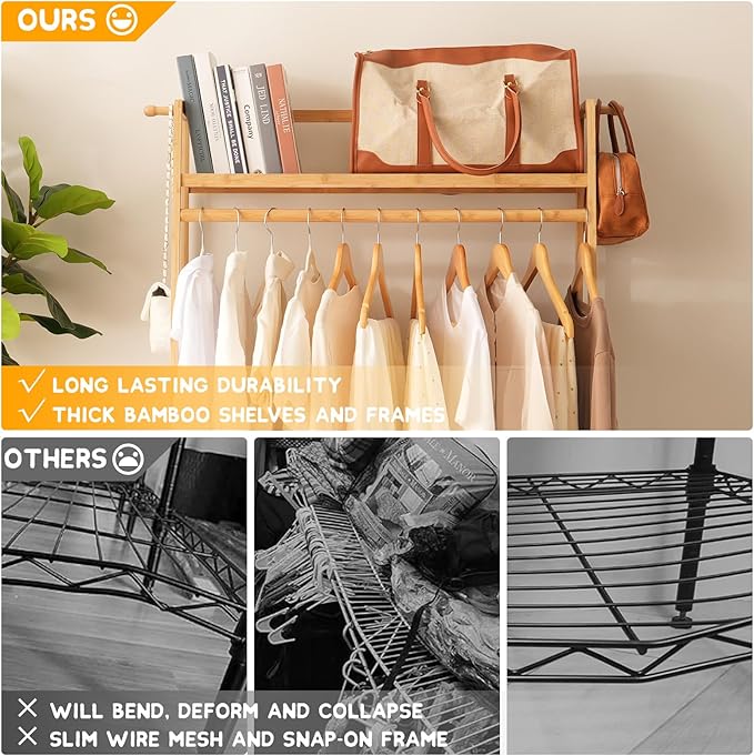 Bamboo Clothing Garment Rack 2 Tier Storage Shelf Coat Clothes Hanging Rack, Portable Wardrobe Closet Organizer With Top Shelf, Shoe Storage Shelves for Bedroom (Natural - 31.5 in)