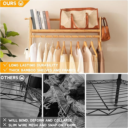 Bamboo Clothing Garment Rack 2 Tier Storage Shelf Coat Clothes Hanging Rack, Portable Wardrobe Closet Organizer With Top Shelf, Shoe Storage Shelves for Bedroom (Natural - 31.5 in)