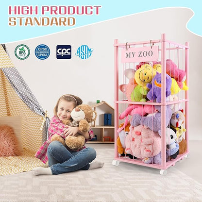 Stuffed Animal Storage Zoo with Wheels, Wooden Stuffed Animal Organizer with Elastic Cords, Space Saving Toy Plushies Storage Holder for Playroom, Bedroom, Living Room(Pink, Small)