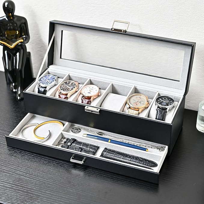 ProCase Watch Box, 6 Slot Watches Display Case with Drawer, Mens Watch Case with Glass Lid, 2-Layer Mens Jewelry Organizer Storage Holder, Birthday Valentine Gifts for Men -6 Slot, Black