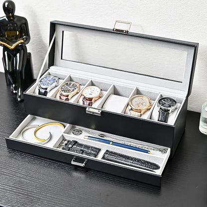 ProCase Watch Box, 6 Slot Watches Display Case with Drawer, Mens Watch Case with Glass Lid, 2-Layer Mens Jewelry Organizer Storage Holder, Birthday Valentine Gifts for Men -6 Slot, Black