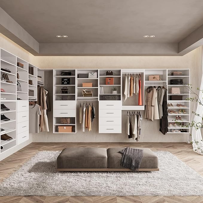 ROOMTEC Modular Closet System, 64" Wall-Mounted Closet Organizer with Hanging Rods and Shelves, Wooden Tower for Walk-In Closets, Wardrobe Storage Kit, White