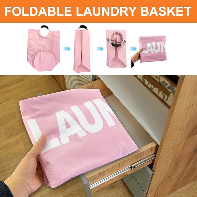 Mziart Large Laundry Basket with Padded Handles, Oxford Fabric Laundry Hamper Tall Laundry Bag Clothes Hamper Laundry Bin Storage Organizer for Bedroom Bathroom College Dorm (90L Pink)
