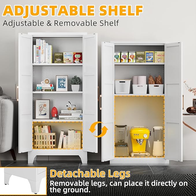 61"H Metal Pantry Cabinet with 2 Doors and 3 Adjustable Shelves,Food Storage Cabinet with Gold Handle for Kitchen,Dinning Room,Home Office,Living Room,Easy Assembly (White,61"H x13.8"D x27.6"W)