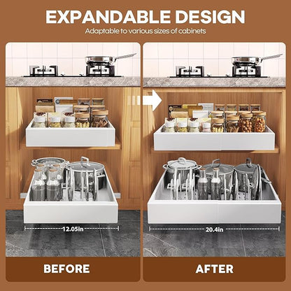 6Pack Expandable Pull Out Cabinet Organizer 21"Deep With Raising Pad for Framed Cabinets,Slide Out Drawers with 4pcs Divider Racks,Roll Out Shelves Adhesive,Adjustable Width 12.05"-20.4"White