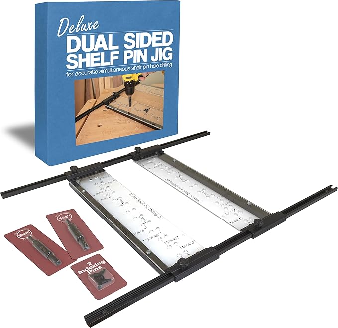 Deluxe Dual Sided Shelf Pin Jig With 1/4" And 5mm Self Centering Drill Bits, Adjustable Shelf Jig for Easy Alignment On Both Sides, Easy Setup Shelving Templates