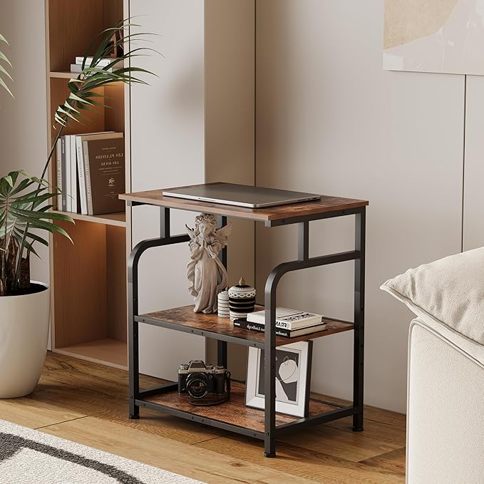 Large Printer Stand with Adjustable Shelf, 3-Tier Rolling Printer Cart with Wheels, Heavy-Duty Wood Printer Table for Home Office, Heat Press and Laser (Rustic Brown)