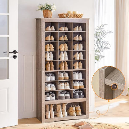 HOOBRO Tall Shoe Cabinet, 9 Tier Shoe Storage Cabinet, Freestanding Wooden Shoe Cabinet Organizer with 24 Cubbies and 3 Hooks, for Entryway, Closet, Living Room, Greige BG24SC01