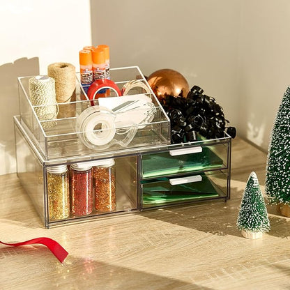 iDesign The Sarah Tanno Collection Plastic Cosmetic Drawer Organizer, Clear/White Large