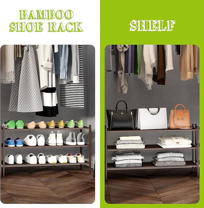 BMOSU 3-Tier Bamboo Extended Shoe Rack Premium Stackable Shoe Shelf Storage Organizer for Hallway Closet Living Room Entryway Organizer(Brown)