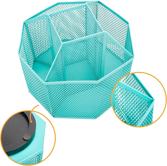 Annova Mesh Desk Organizer Rotate with 5 Compartments Spinning Tidy Candy/Pen Holder Office, Art Supply, Storage, Classroom, Home (Turquoise)