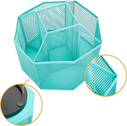Annova Mesh Desk Organizer Rotate with 5 Compartments Spinning Tidy Candy/Pen Holder Office, Art Supply, Storage, Classroom, Home (Turquoise)
