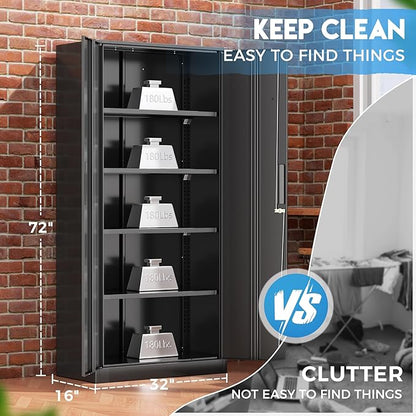 Greenvelly Storage Cabinet, 72” Black Garage Steel Locking Cabinet with Doors and 4 Adjustable Shelves, Tall Lockable File &Tool Cabinet for Home Office, Metal Classroom Cabinet Basement