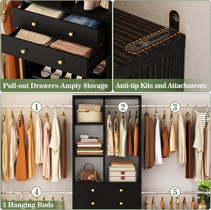 Closet System, 4.2–8.8 FT Closet Organizer with 2 Wooden Drawers and Shelves, Walk-in Closet System with 5 Hang Rods, Built-in Reach in Closet Tower, Can Fit 60 to 96 inch, Black