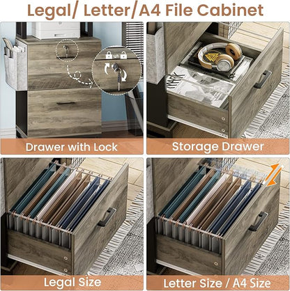 Itaar 2 Drawer File Cabinet with Lock, Filing Cabinet fits Letter, Legal, A4 Size, Hanging File Folders, File Cabinets for Home Office with Adjustable Storage Shelf and Hook, Grey