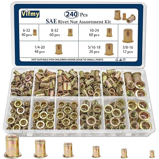 SAE Rivet Nut Assortment Kit(240Pcs),#6-32#8-32#10-24 1/4"-20 5/16"-18 3/8"-16 UNC Rivnut Threaded Insert Nut Set,Zinc Plated Finish Carbon Steel Nutsert
