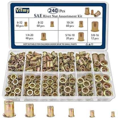 SAE Rivet Nut Assortment Kit(240Pcs),#6-32#8-32#10-24 1/4"-20 5/16"-18 3/8"-16 UNC Rivnut Threaded Insert Nut Set,Zinc Plated Finish Carbon Steel Nutsert