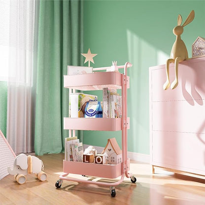 Metal Rolling Storage Cart, 3-Tier Utility Cart with Wheels, Multifunctional Organizer Storage for Kitchen, Bedroom, Office, Laundry Room, Dorm Room Essentials (Pink)
