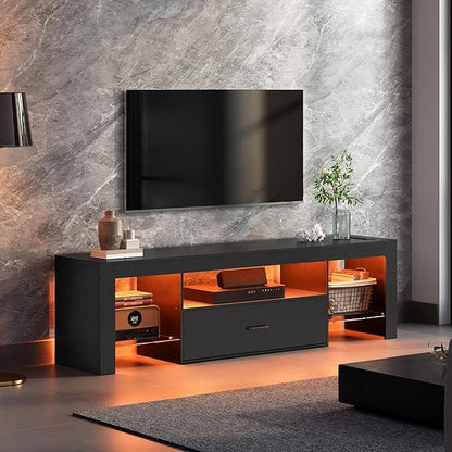 HOOBRO LED TV Stand with Power Outlets to 65 inch TV, Gaming Entertainment Center with Glass Shelves and Large Drawer, Modern Media TV Console Table for Living Room Bedroom, Black BB160UDDS01G1