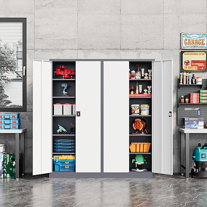 Metal Storage Cabinet-71” Tall Steel File Cabinets with Lockable Doors and Adjustable Shelves-Gray&White Steel Storage Cabinet for Home,Kitchen, School, Office, Garage