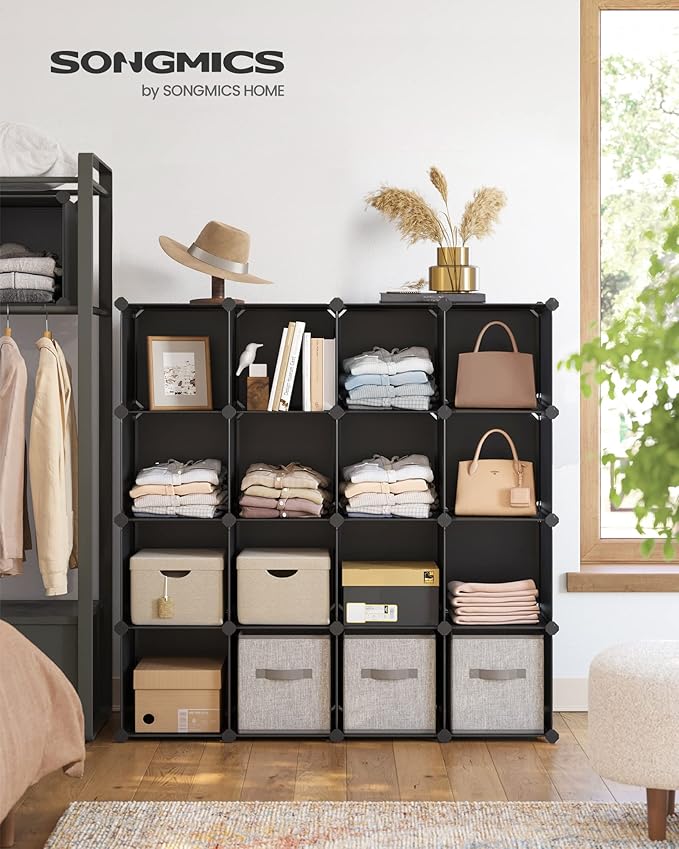 SONGMICS Cube Storage Organizer, Set of 16 Plastic Cubes, Closet Organizers and Storage, Room Organization, Bedroom Living Room, 12.2 x 48.4 x 48.4 Inches, Black ULPC44BK