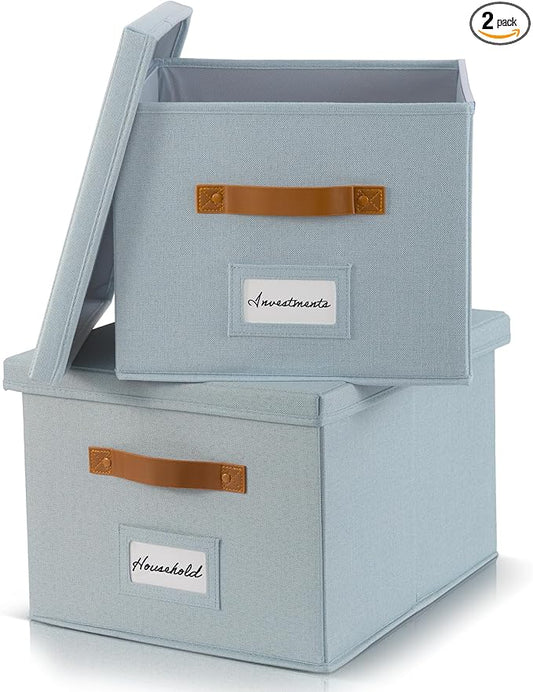 ZICOTO Decorative File Organizer Box Set of 2 - Collapsible Linen Filing Cabinets w/Handles Are Perfect to Store all Your Documents & Hanging File Folders - Portable Easy Slide Crates with Lid
