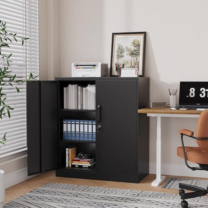 36" H Metal Storage Cabinet, Black Metal Cabinet with 2 Lockable Doors and 2 Adjustable Shelves, Garage Storage Cabinet for Home Office, Garage, School, Apartment, Warehouse