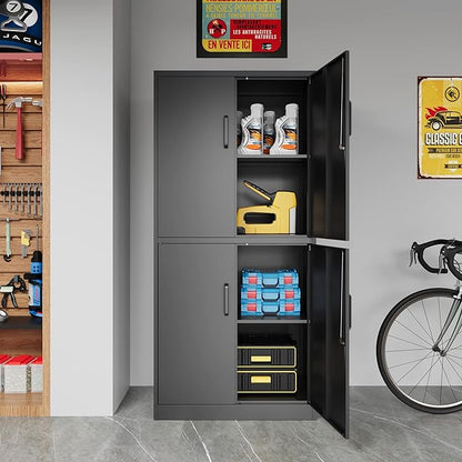 STANI Metal Storage Cabinet, Locking Steel Cabinet with 4 Doors and 2 Adjustable Shelves, 71" Tall Steel Cabinet for Home Office, Garage, School (Black)