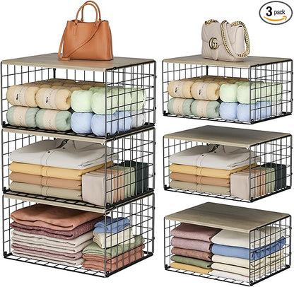 Extra-Long, Low-Profile Closet Organizers and Storage with Wood Top, 3 Pack Stackable Closet Shelf Organizer, Space-Saving Clothes Storage Bin for Wardrobe & Bedroom & Small Spaces, Sturdy Metal Black